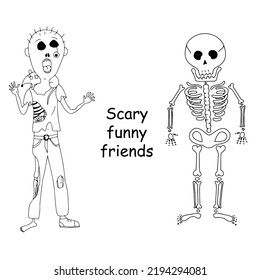 Skeleton and Zombie doodle Halloween illustration, vector icon