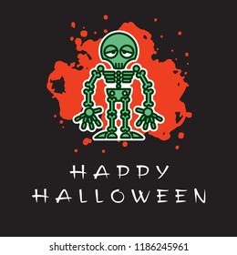 Skeleton zombie - vector cartoon character. Illustration of unusual dead on red blood spot - funny icon, original concept of Halloween.