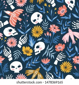 Skeletons of birds and people in the flowers. Vector holiday seamless pattern for Day of the dead or Halloween. Funny fabric design dia de los muertos. Vector illustration.