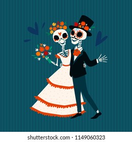 Skeletons of the bride and groom in love. Traditional mexican holiday Dia de Muertos. Vector flat cartoon illustration.