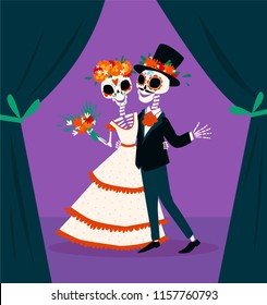 Skeletons of the bride and groom. Traditional mexican holiday Dia de Muertos. Vector flat cartoon illustration.