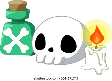 Skeletons, candles and poisons, Halloween material icons. Vector image