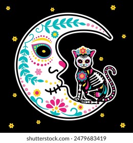 Esqueletos Gato. El esqueleto de gato se sienta bajo la luna. Cráneo de azúcar Gato y Luna. Día De Los Muertos, Día De Los Muertos, Ilustración vectorial De Halloween. 