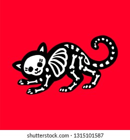 Skeletons of cats isolated on red background. Can be used for t-shirt print, poster, card, tattoo. Ideal for Halloween, the Day of the Dead and more.