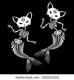 Skeletons of cats mermaids are dancing. Purrmaid is a cat with a tail of a mermaid. Can be used for t-short print, poster or card. Ideal for Halloween, the Day of the Dead and more.