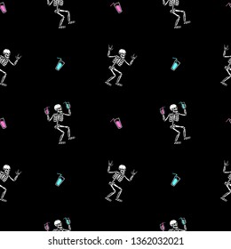 SKELETONS WITH COCKTAILS PARTY SEAMLESS PATTERN BLACK BACKGROUND