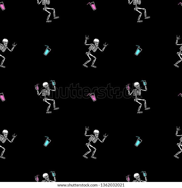 Skeletons Cocktails Party Seamless Pattern Black Stock Vector (Royalty ...