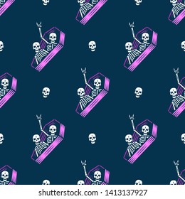 SKELETONS IN COFFIN PARTY COLOR SEAMLESS PATTERN NAVY BACKGROUND