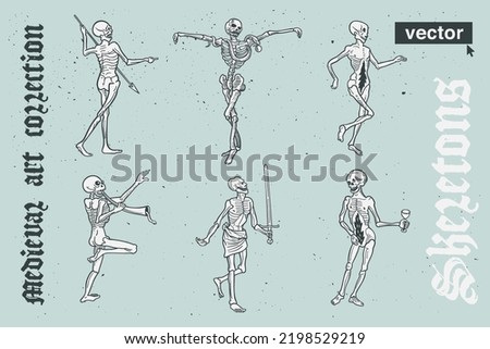Skeletons collection vector engraving style illustration. Medieval art with blackletter calligraphy. Perfect for retro labels, vintage logos, music album covers, circus posters, potions packaging, etc