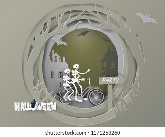 Skeletons Couple riding bicycle in the gray grave and go to HALLOWEEN party  night, paper craft  and illustration style