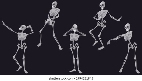 Skeletons dance, funny Halloween or Mexican Dia de Los Muertos dead characters dancing, skulls and bones moving body at music rhythm, disco party, human anatomical Cartoon vector illustration, set