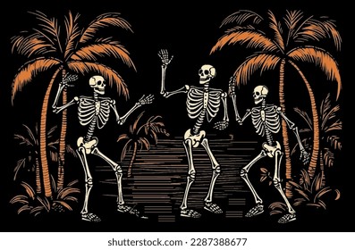 Skeletons dance on the beach, retro style