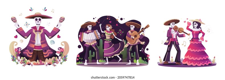 Skeletons Dancing for Day of the Dead sugar skull vector. Jarabe Mexico National Dance Mexican Hat Dance. Mexican Couple performing Jarabe Tapatio Dance of Mexico 