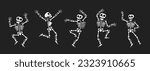 Skeletons dancing with different positions flat style design vector illustration set. Funny dancing Halloween or Day of the dead skeletons collection. Creepy, scary human bones characters silhouettes.