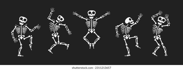 Skeletons dancing with different positions flat style design vector illustration set. Funny dancing Halloween or Day of the dead skeletons collection. Creepy, scary human bones characters silhouettes.