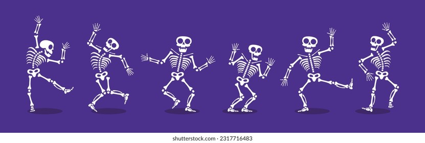 Skeletons dancing with different positions flat style design vector illustration set. Funny dancing Halloween or Day of the dead skeletons collection. Creepy, scary human bones characters silhouettes.