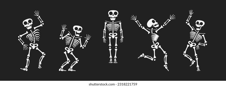 Skeletons dancing with different positions flat style design vector illustration set. Funny dancing Halloween or Day of the dead skeletons collection. Creepy, scary human bones characters silhouettes.