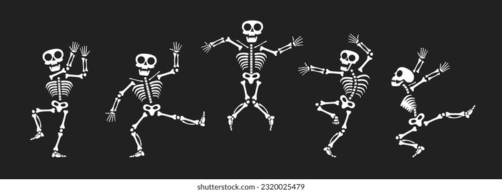 Skeletons dancing with different positions flat style design vector illustration set. Funny dancing Halloween or Day of the dead skeletons collection. Creepy, scary human bones characters silhouettes.