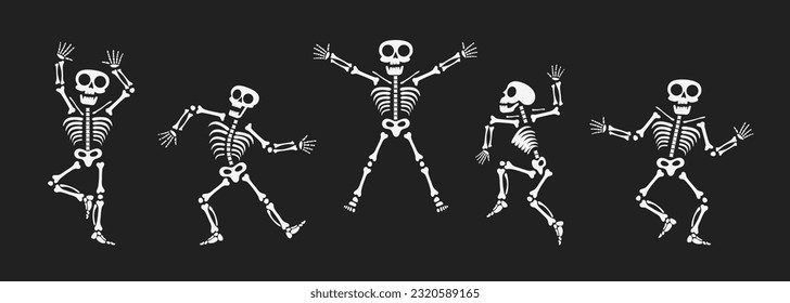 Esqueletos bailando con diferentes posiciones de diseño de estilo plano conjunto de ilustración vectorial. Halloween de danza divertida o Día de la colección de esqueletos muertos. Siluetas de huesos humanos escalofriantes y aterradores.