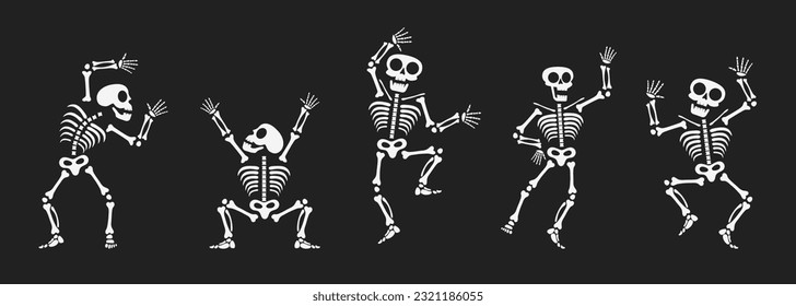 Skeletons dancing with different positions flat style design vector illustration set. Funny dancing Halloween or Day of the dead skeletons collection. Creepy, scary human bones characters silhouettes.