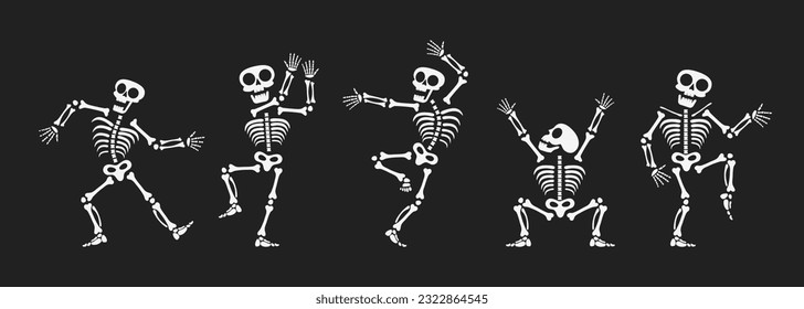 Skeletons dancing with different positions flat style design vector illustration set. Funny dancing Halloween or Day of the dead skeletons collection. Creepy, scary human bones characters silhouettes.