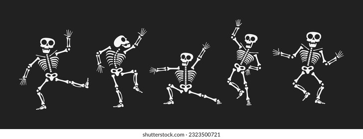 Skeletons dancing with different positions flat style design vector illustration set. Funny dancing Halloween or Day of the dead skeletons collection. Creepy, scary human bones characters silhouettes.