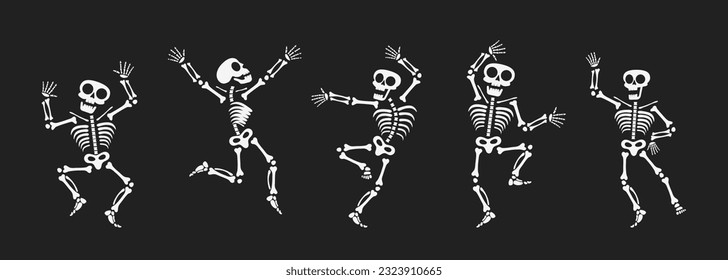 Skeletons dancing with different positions flat style design vector illustration set. Funny dancing Halloween or Day of the dead skeletons collection. Creepy, scary human bones characters silhouettes.