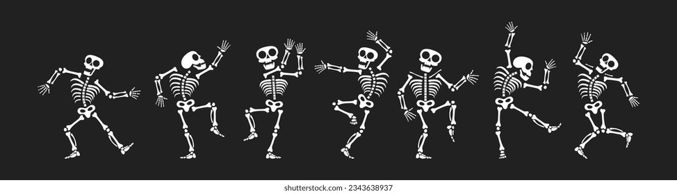 Esqueletos bailando con diferentes posiciones de diseño de estilo plano conjunto de ilustración vectorial. Halloween de danza divertida o Día de la colección de esqueletos muertos. Siluetas de huesos humanos escalofriantes y aterradores.