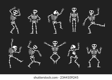 Skeletons dancing with different positions flat style design vector illustration set. Funny dancing Halloween or Day of the dead skeletons collection. Creepy, scary human bones characters silhouettes.