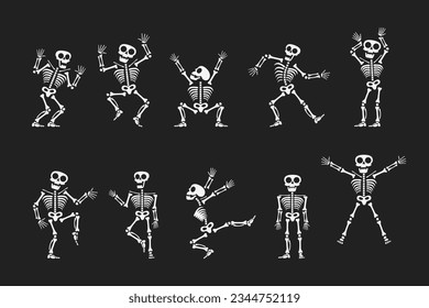 Skeletons dancing with different positions flat style design vector illustration set. Funny dancing Halloween or Day of the dead skeletons collection. Creepy, scary human bones characters silhouettes.
