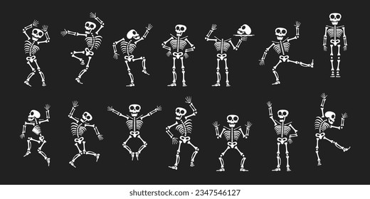 Skeletons dancing with different positions flat style design vector illustration set. Funny dancing Halloween or Day of the dead skeletons collection. Creepy, scary human bones characters silhouettes.