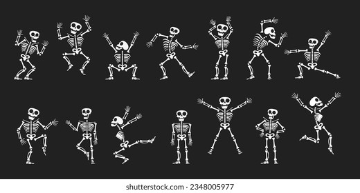 Skeletons dancing with different positions flat style design vector illustration set. Funny dancing Halloween or Day of the dead skeletons collection. Creepy, scary human bones characters silhouettes.
