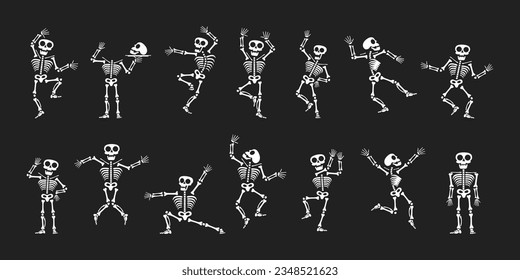 Skeletons dancing with different positions flat style design vector illustration set. Funny dancing Halloween or Day of the dead skeletons collection. Creepy, scary human bones characters silhouettes.