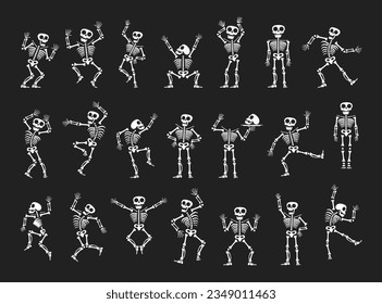 Skeletons dancing with different positions flat style design vector illustration set. Funny dancing Halloween or Day of the dead skeletons collection. Creepy, scary human bones characters silhouettes.