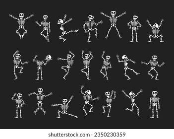 Esqueletos bailando con diferentes posiciones de diseño de estilo plano conjunto de ilustración vectorial. Halloween de danza divertida o Día de la colección de esqueletos muertos. Siluetas de huesos humanos escalofriantes y aterradores.