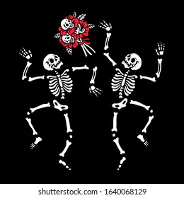 Skeletons dancing at a party. Bouquet of flowers with human skulls. Gothic flowers. Illustration for Halloween. Also great for Valentine's Day.