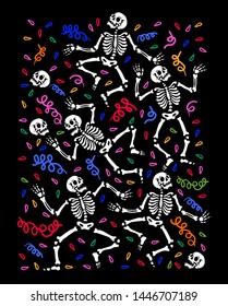 Skeletons dancing at a party. Human skeletons in various poses. Black background. For tattoo, print on t-shirt and more. Happy Halloween!