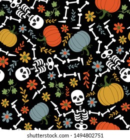 Skeletons dancing in the pumpkin garden. Vector holiday illustration for Day of the dead or Halloween. Funny fabric, paper or invitation design.