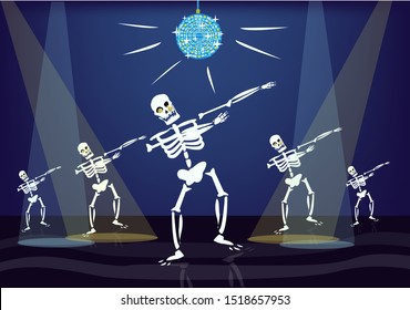 Skeletons are dancing with spotlights and disco ball. Editable Clip Art.