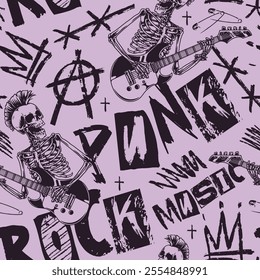 Skeletons are depicted playing electric guitars in a lively punk rock style. The backdrop features bold graffiti-like lettering with artistic symbols creating an energetic atmosphere.