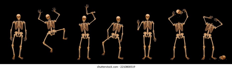 Skeletons, differing poses, walking, jumping, scaring, waving, greeting, juggling with the head and being headless – creepy, spooky, frightening but funny. Vector on black background.
