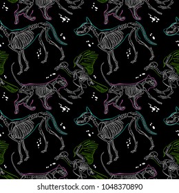 Skeletons: dog, cat, bird. Seamless vector background (pattern). 