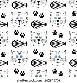 The skeletons of fish, cat and cat footprints seamless pattern.