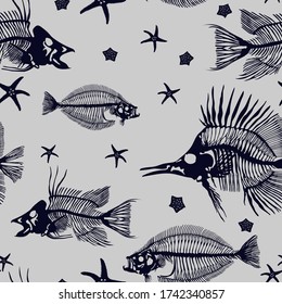 Skeletons of fish, starfish on a light background vector seamless pattern for decoration, packaging, textile.