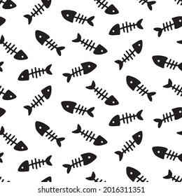 Skeletons Of Fishes, Fish Bones Seamless Pattern. Silhouette Of Black Fish Bones On White Background. Cute Sea Life Kids Cartoon Print. Vector Illustration 