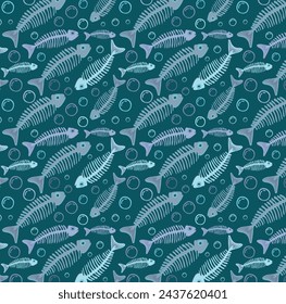 Skeletons of floating fish with bubbles at the bottom. vector seamless pattern in graphic style. Blue-green background. Graphic arts. Fish bones float deep underwater.