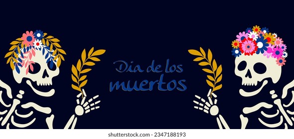 Skeletons with floral wreaths and text Dia de los muertos. Vector illustration holiday banner with copy space.