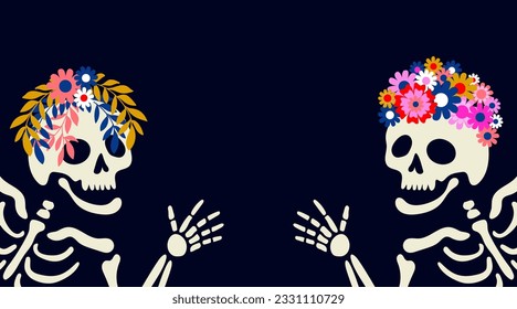 Skeletons with floral wreaths waving. Banner with copy space for Halloween, Dia de los muertos and Day of Dead. Vector illustration