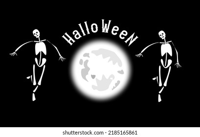 Esqueletos y una luna llena brillando sobre un fondo negro. Arte minimalista sobre el tema de Halloween. Gamma blanco y negro. La luna está entre los esqueletos, el esqueleto está sosteniendo una luna gris.