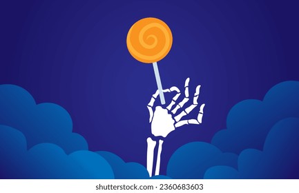 The skeleton's hand has come out of the clouds and is holding a lollipop. Halloween concept